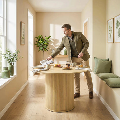 Round Dining Table For 5, 47 Inch, Fluted Pedestal Base, Natural Dining Tables at Gallery Canada