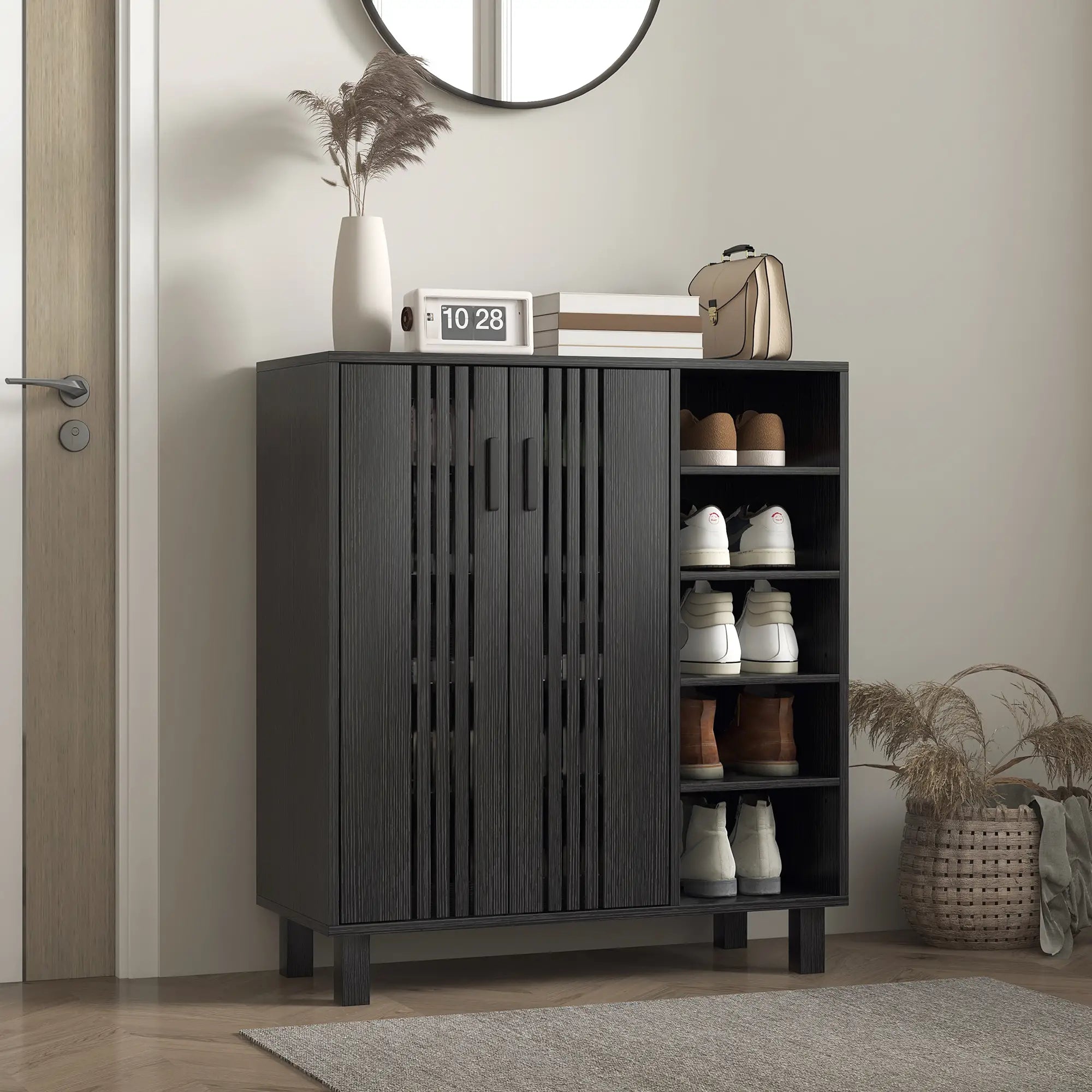 Double Door Shoe Storage, Open Shelves, 17 Pair Organizer, Black Shoe Storage Cabinets & Racks at Gallery Canada