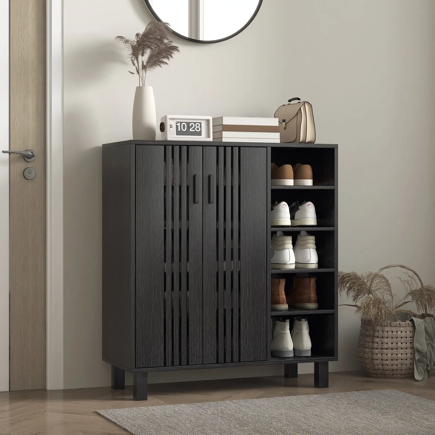 Double Door Shoe Storage, Open Shelves, 17 Pair Organizer, Black Shoe Storage Cabinets & Racks at Gallery Canada