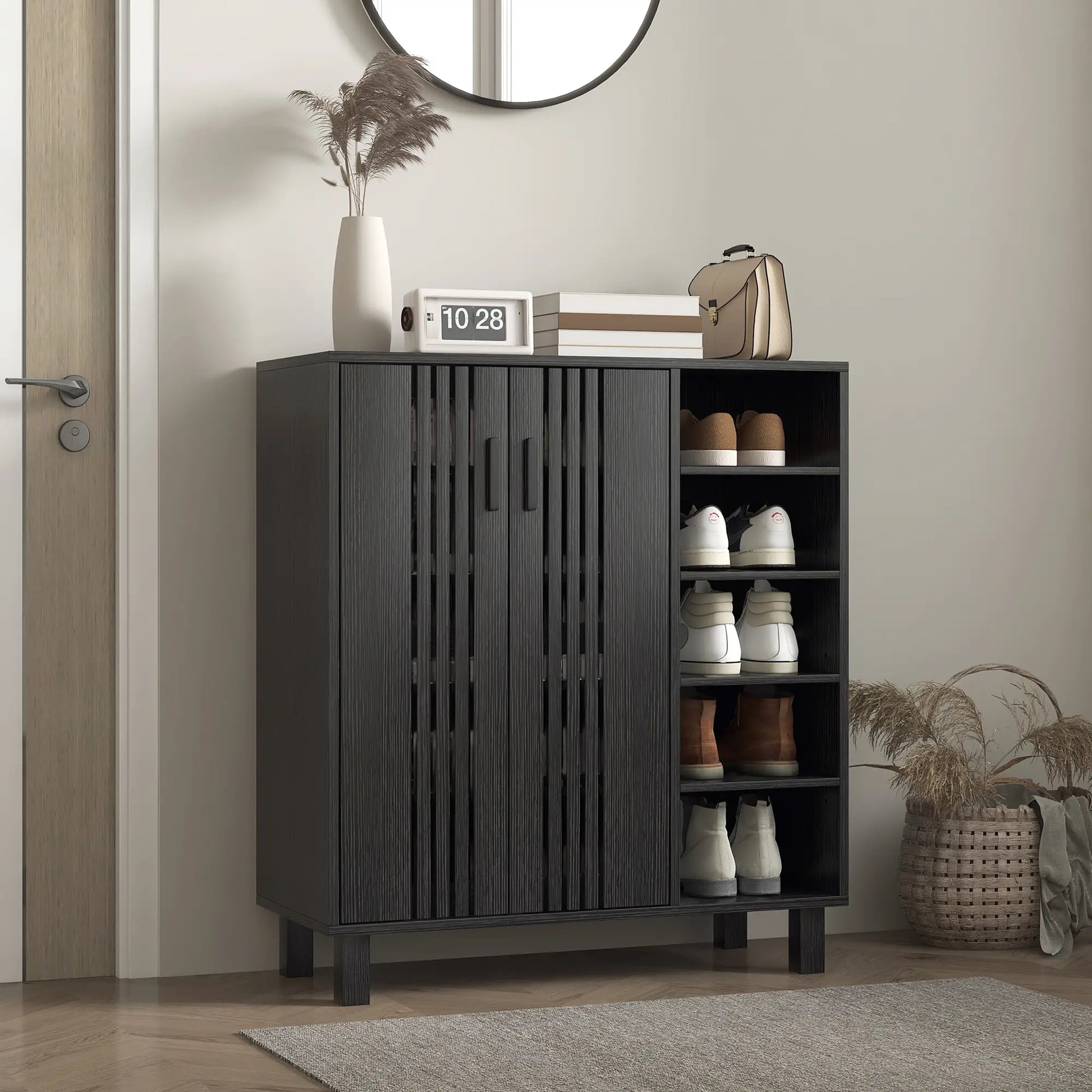 Double Door Shoe Storage, Open Shelves, 17 Pair Organizer, Black Shoe Storage Cabinets & Racks at Gallery Canada