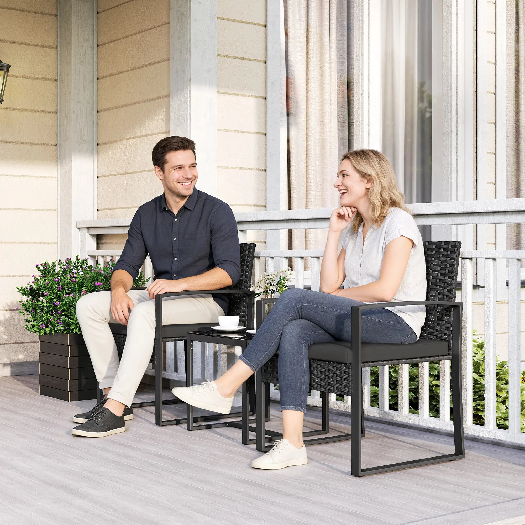 3 Piece Wicker Patio Set, Glass Top Table With Cushions, Black Bistro Sets at Gallery Canada