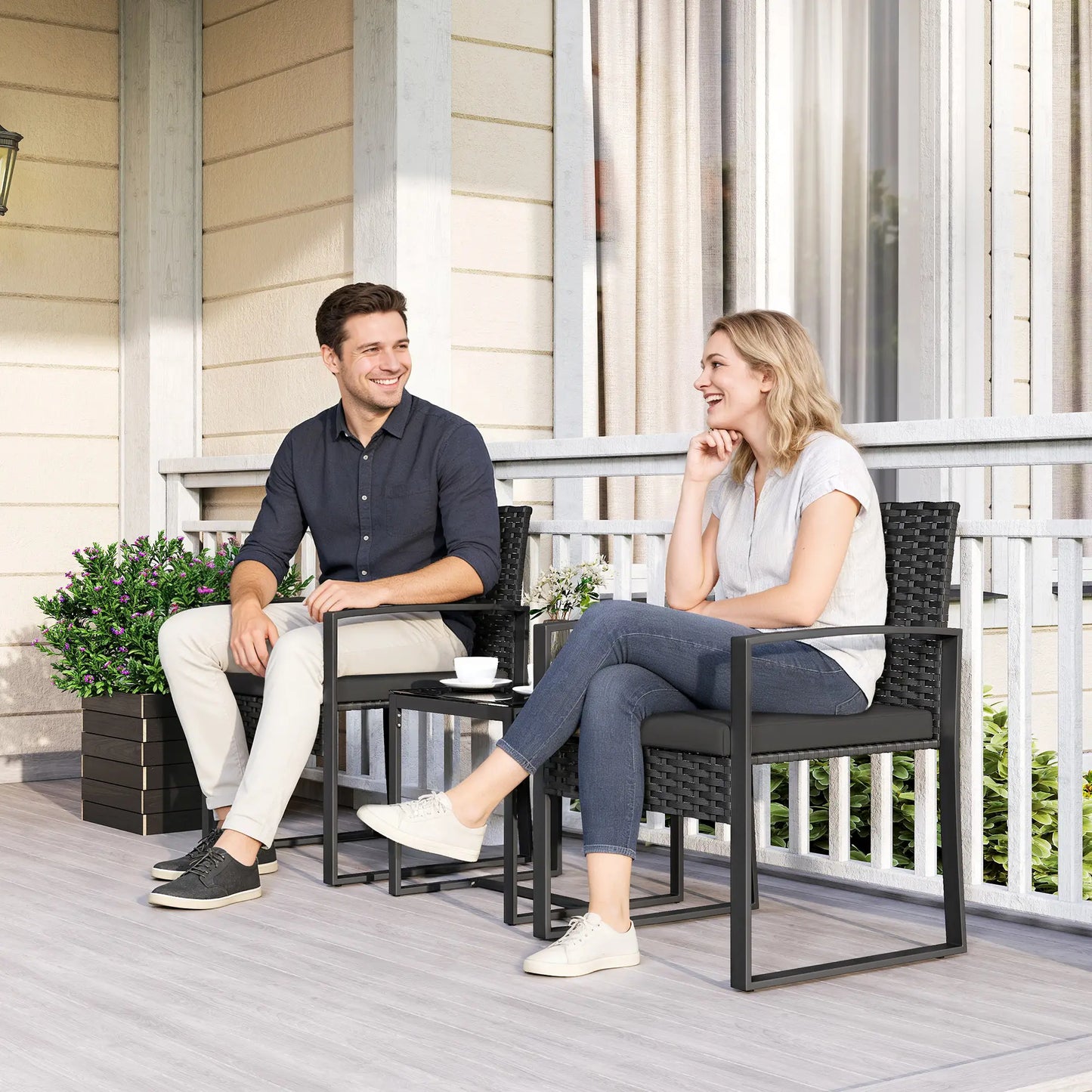 3 Piece Wicker Patio Set, Glass Top Table With Cushions, Black Bistro Sets at Gallery Canada