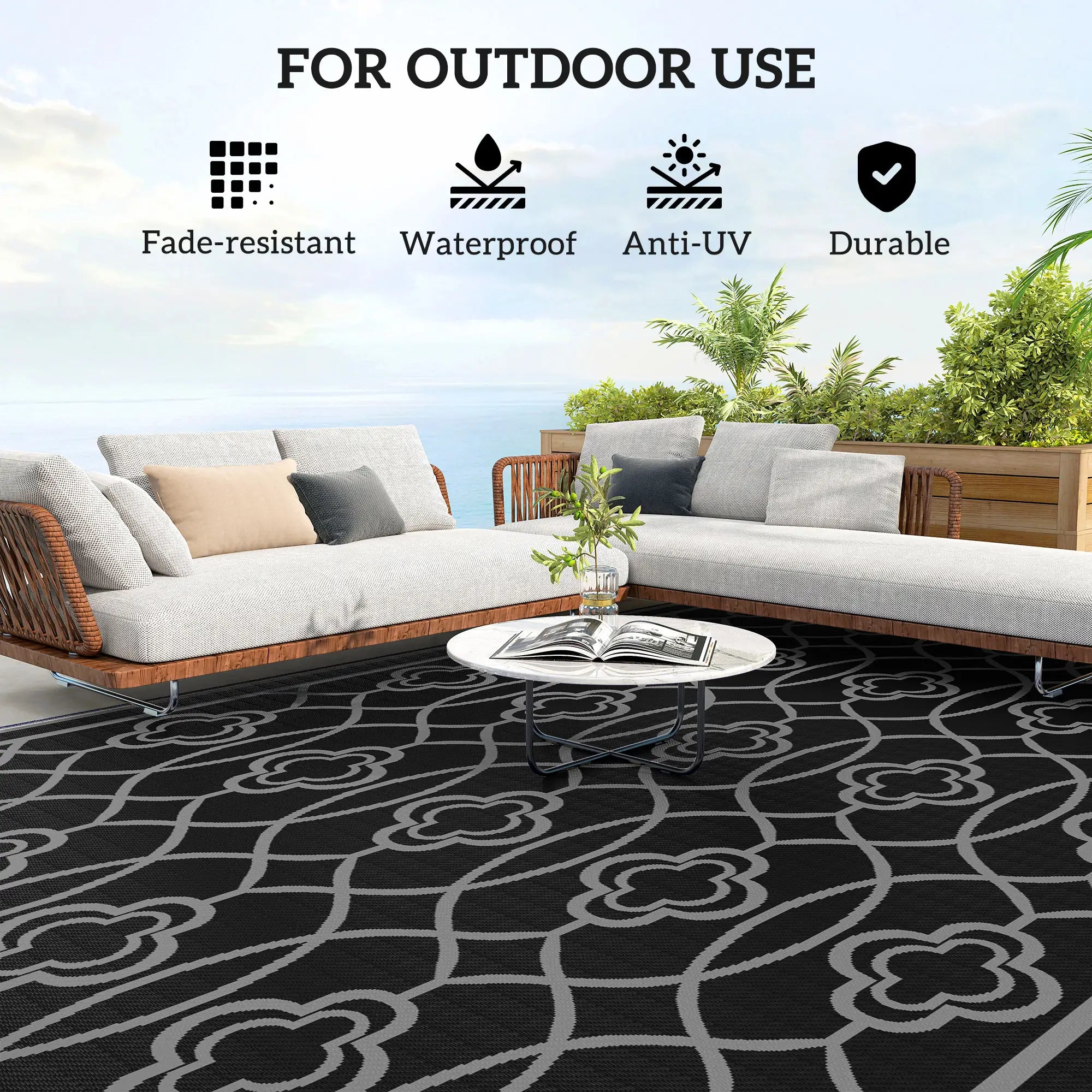 9' x 18' Outdoor RV Rug, Reversible Patio Floor Mat, Black and Grey Garden Decor at Gallery Canada