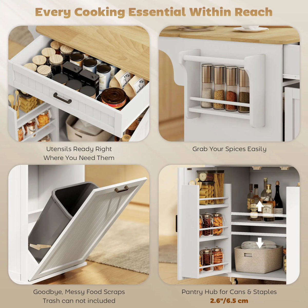 Portable Kitchen Island Cart, Rubber Wood Drop Leaf, Trash Storage, White Kitchen Islands & Kitchen Carts at Gallery Canada