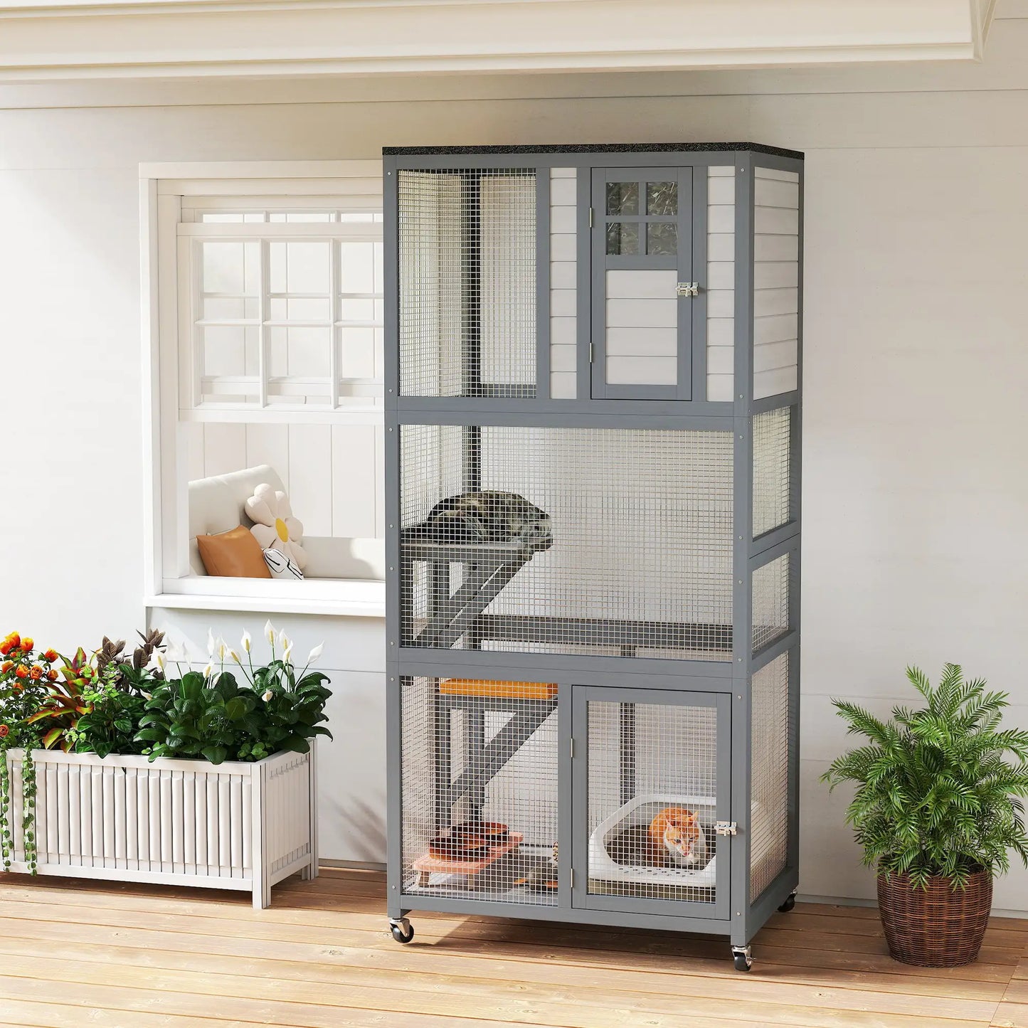 74" Wooden Outdoor Cat House, Weatherproof, Wheeled, Light Grey Outdoor Cat Enclosures at Gallery Canada