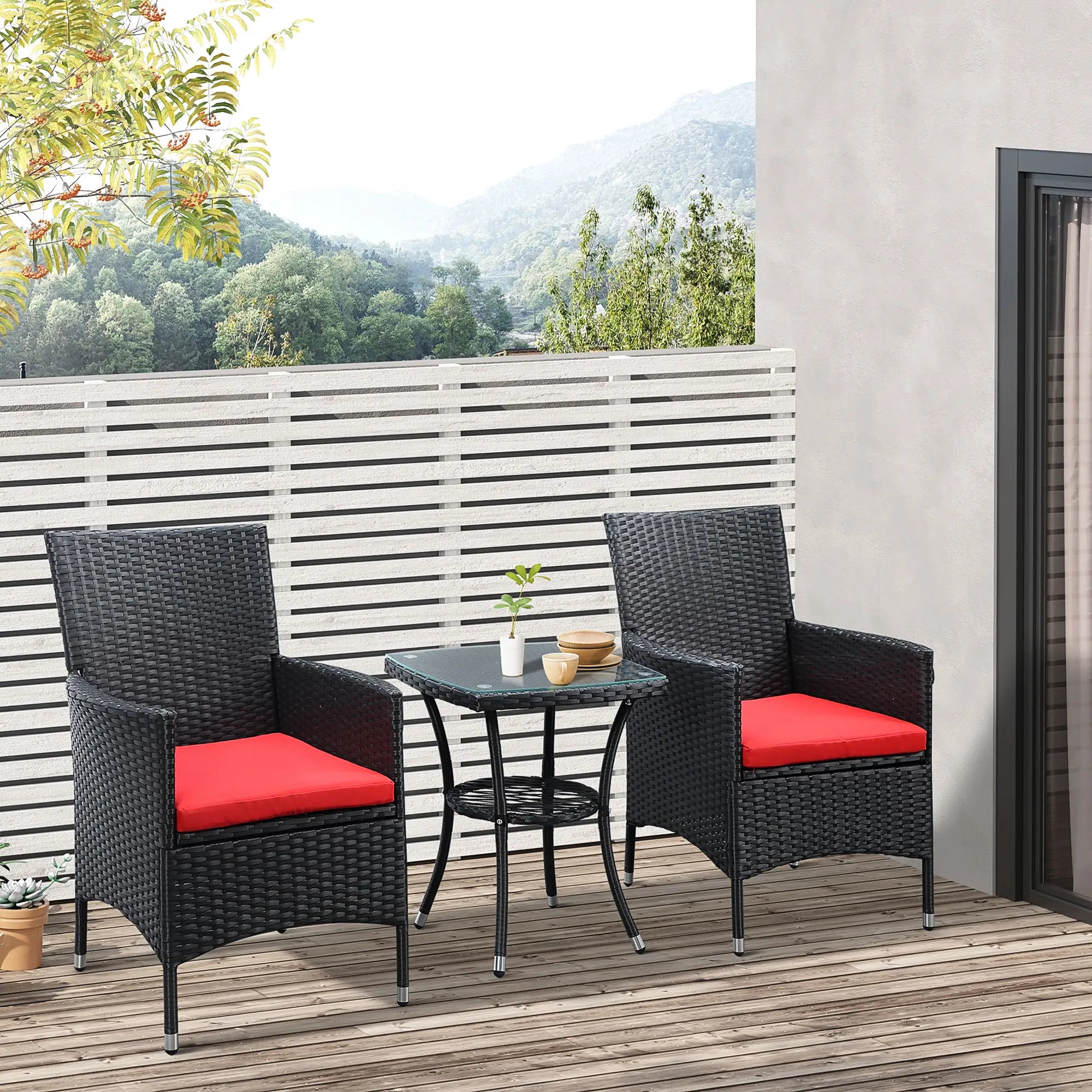 3-Piece Wicker Patio Set, Rattan Bistro with Glass Table, Cushions, Red Bistro Sets at Gallery Canada