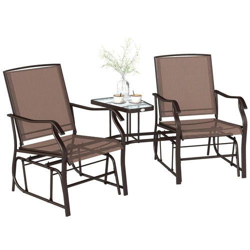 Double Glider Chair, Glass Top Table, High Back, Sling Fabric, Brown