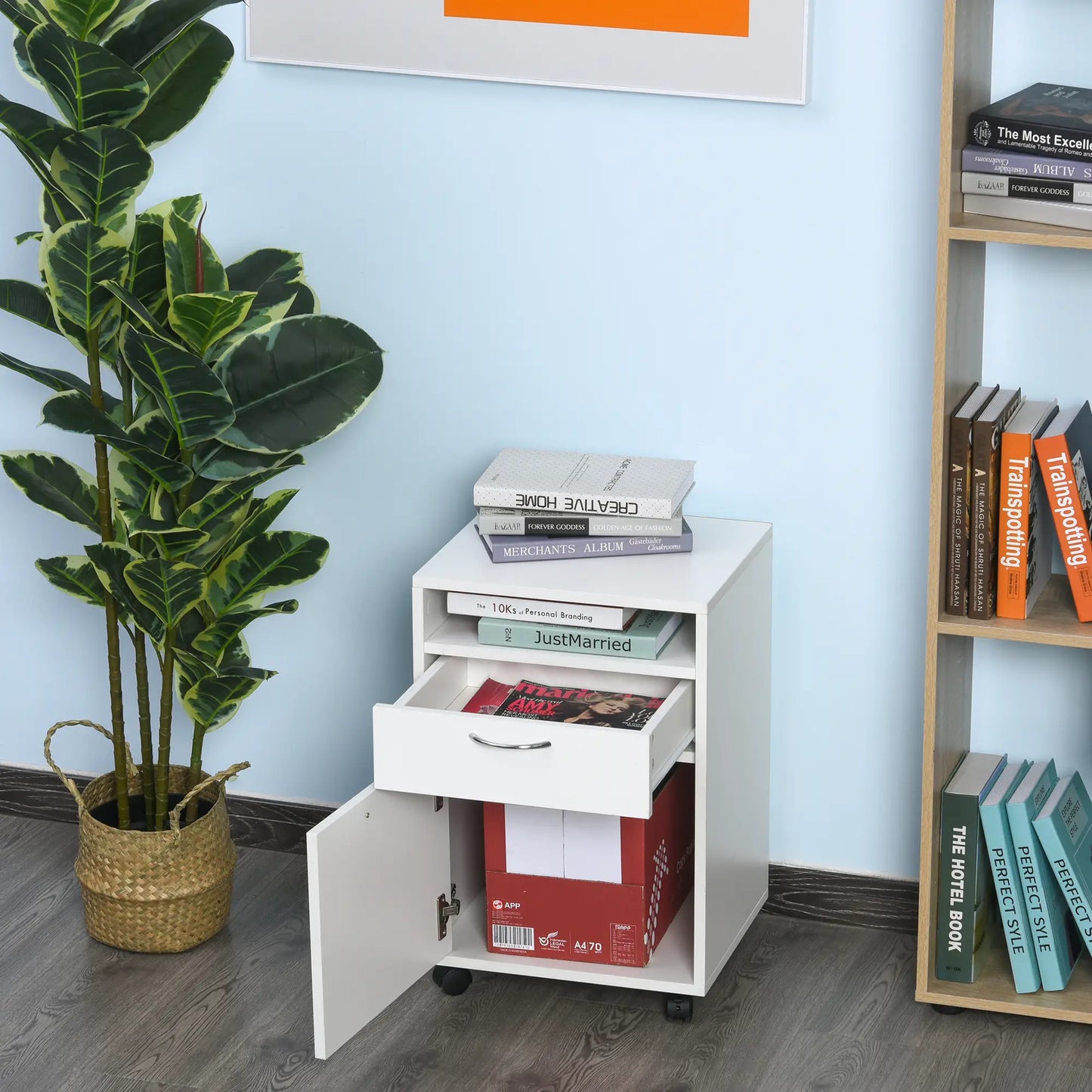 24" Small Filing Cabinet, Open Compartment, Drawer, Wheels, White Office Cabinets & Cupboards at Gallery Canada
