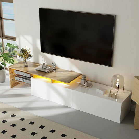 TV Stand With Glass Shelves, LED Lighting, 67" L x 13" W x 13" H, Natural, White TV Stands White, Natural at Gallery Canada
