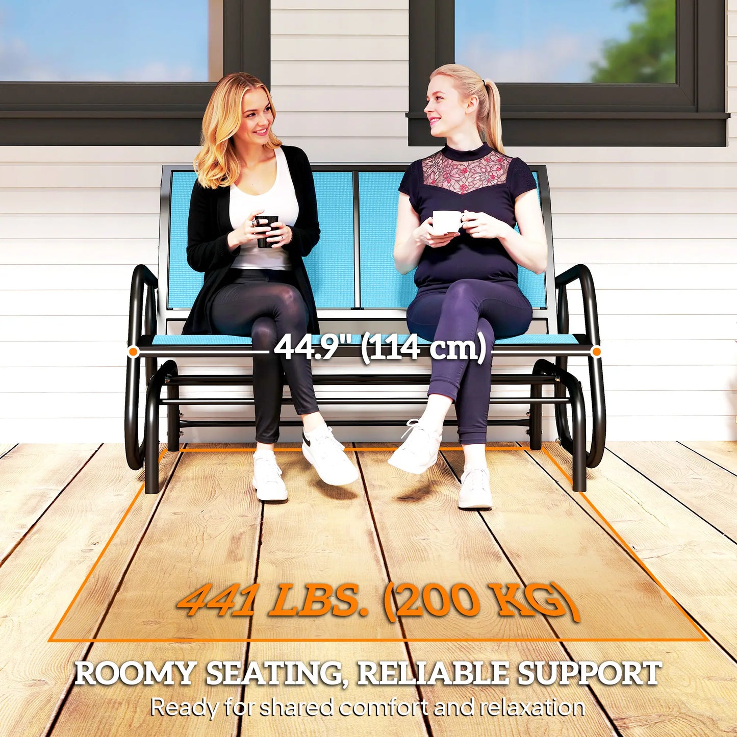 Outdoor Steel Glider Bench, Sling Fabric Swing Chair, Blue Outdoor Gliders at Gallery Canada