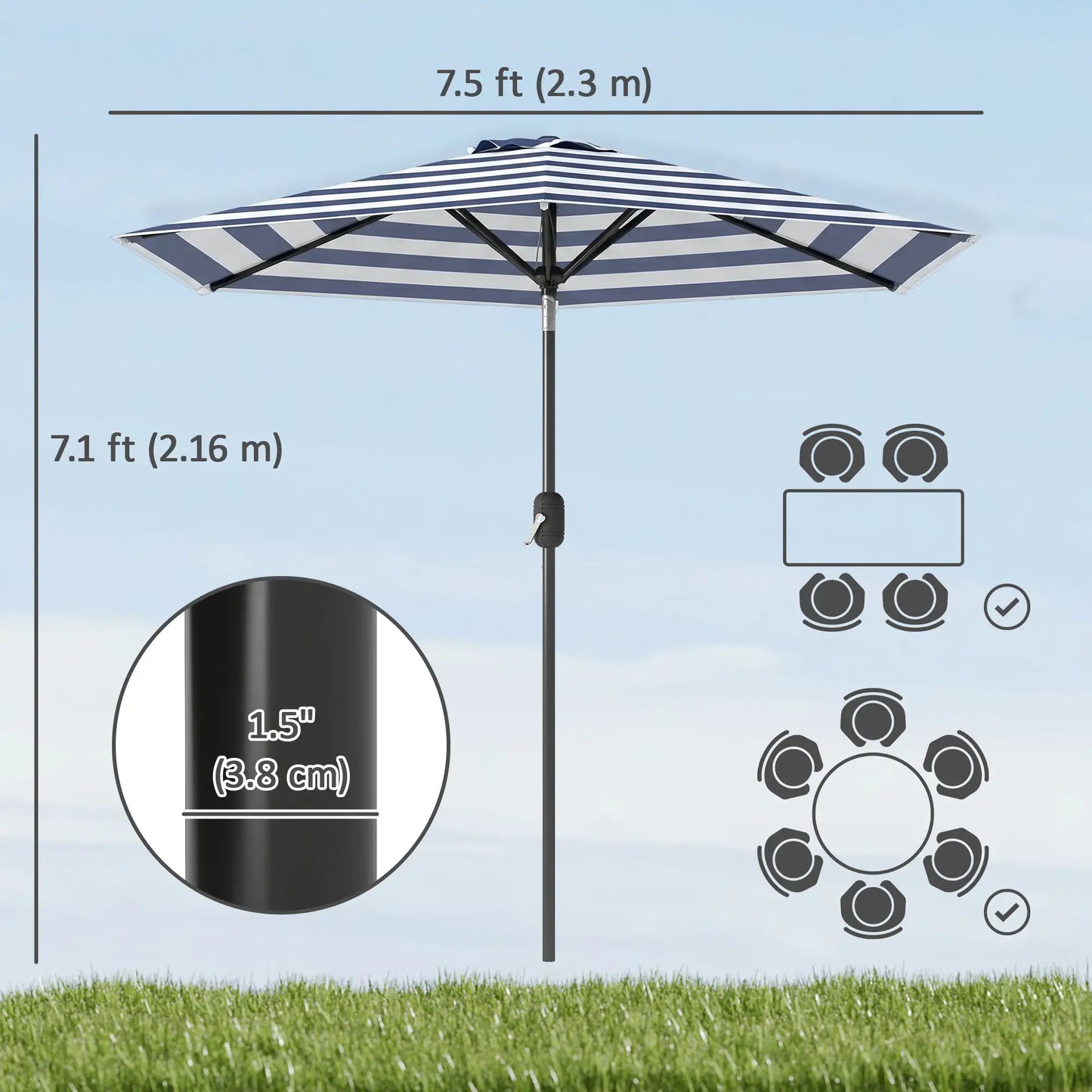 Outdoor Patio Sun Umbrella, 6 Ribs, Stripes, Blue Patio Umbrellas at Gallery Canada