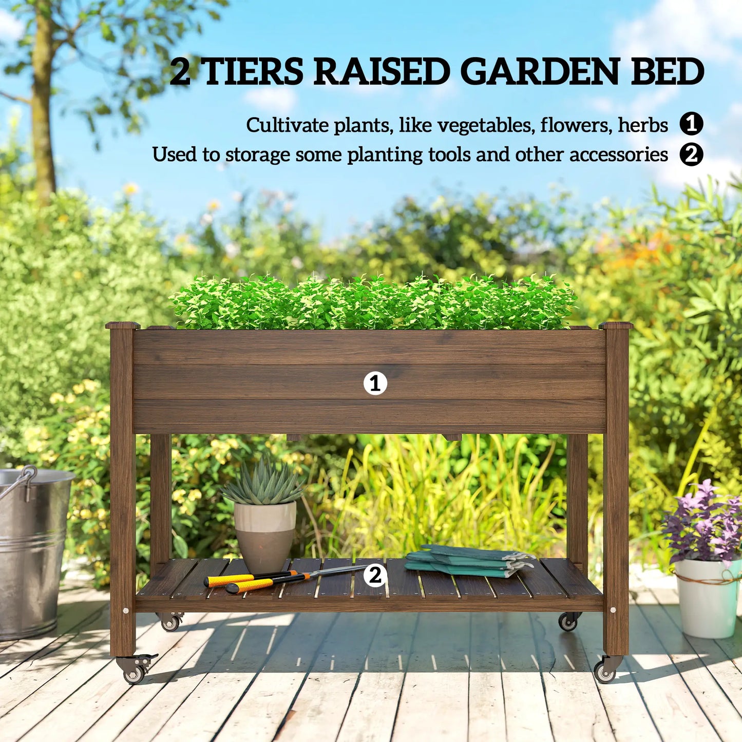 Mobile Raised Garden Bed, Elevated Wood Planter Box, Lockable Wheels, Storage Shelf, Carbonized