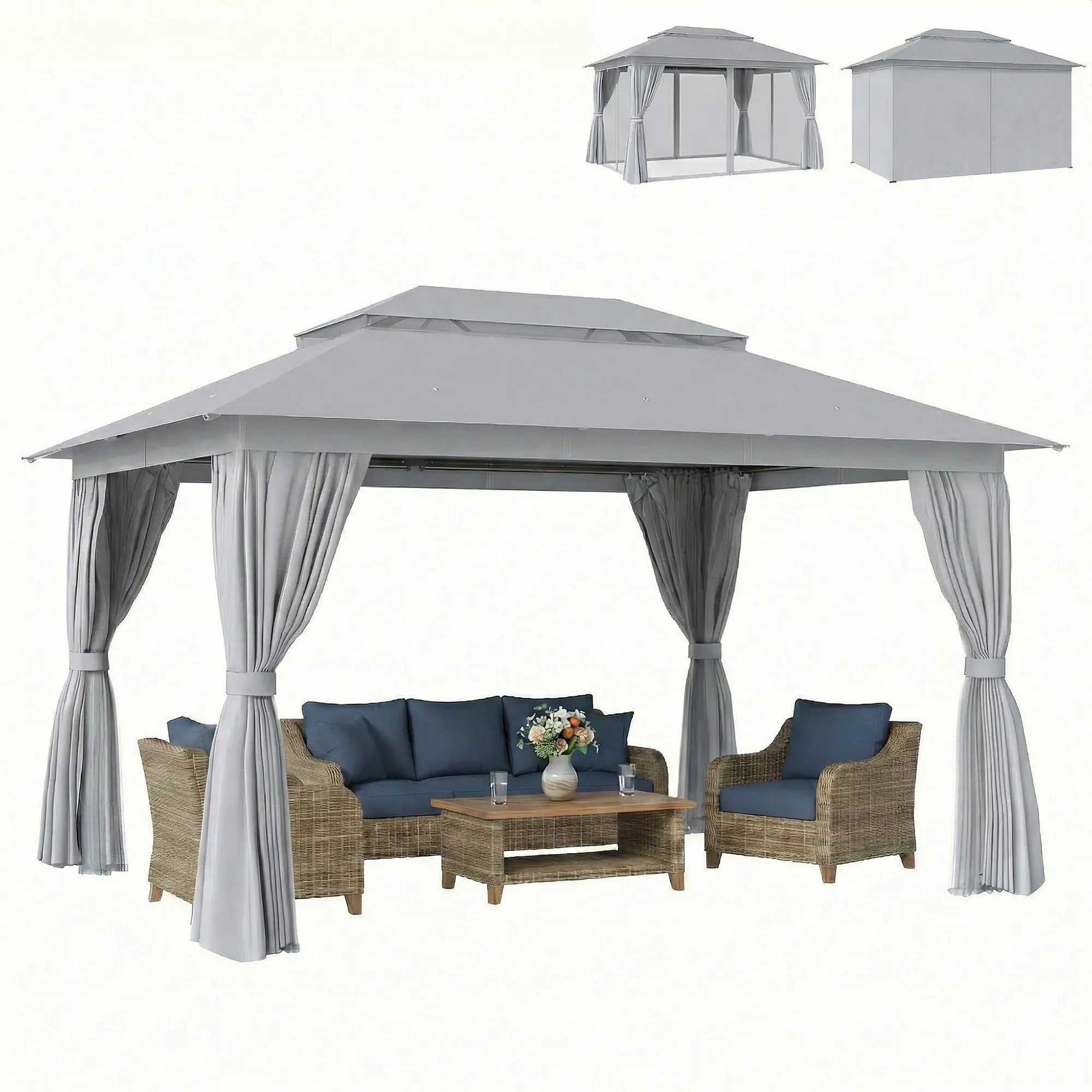 10' x 13' Patio Gazebo, UPF50+ Double Roof, Steel Frame, Dark Grey Gazebos Dark Grey at Gallery Canada