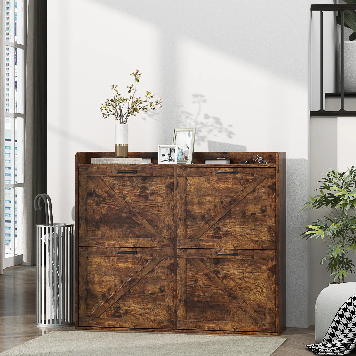 Narrow Shoe Storage Cabinet, 4 Flip Drawers, Adjustable Shelves, 16 Pair, Rustic Brown Shoe Storage Cabinets & Racks at Gallery Canada