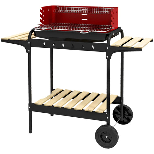Charcoal Barbecue Grill, Adjustable Height, Portable BBQ Trolley, Red