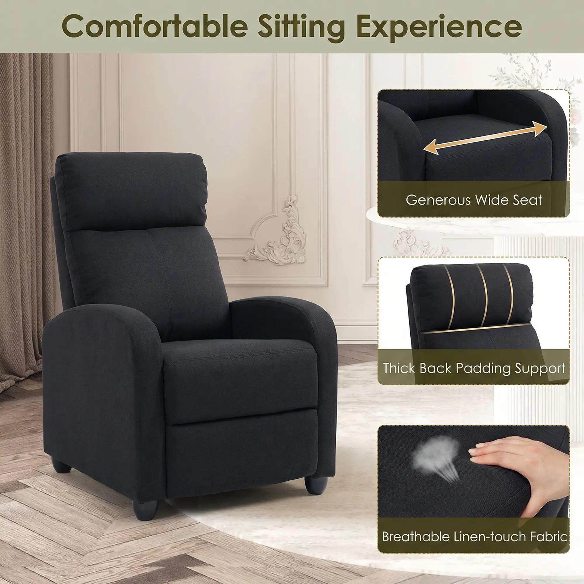 Manual Fabric Recliner Chair, Single Sofa with Padded Seat, Black Single Sofas at Gallery Canada