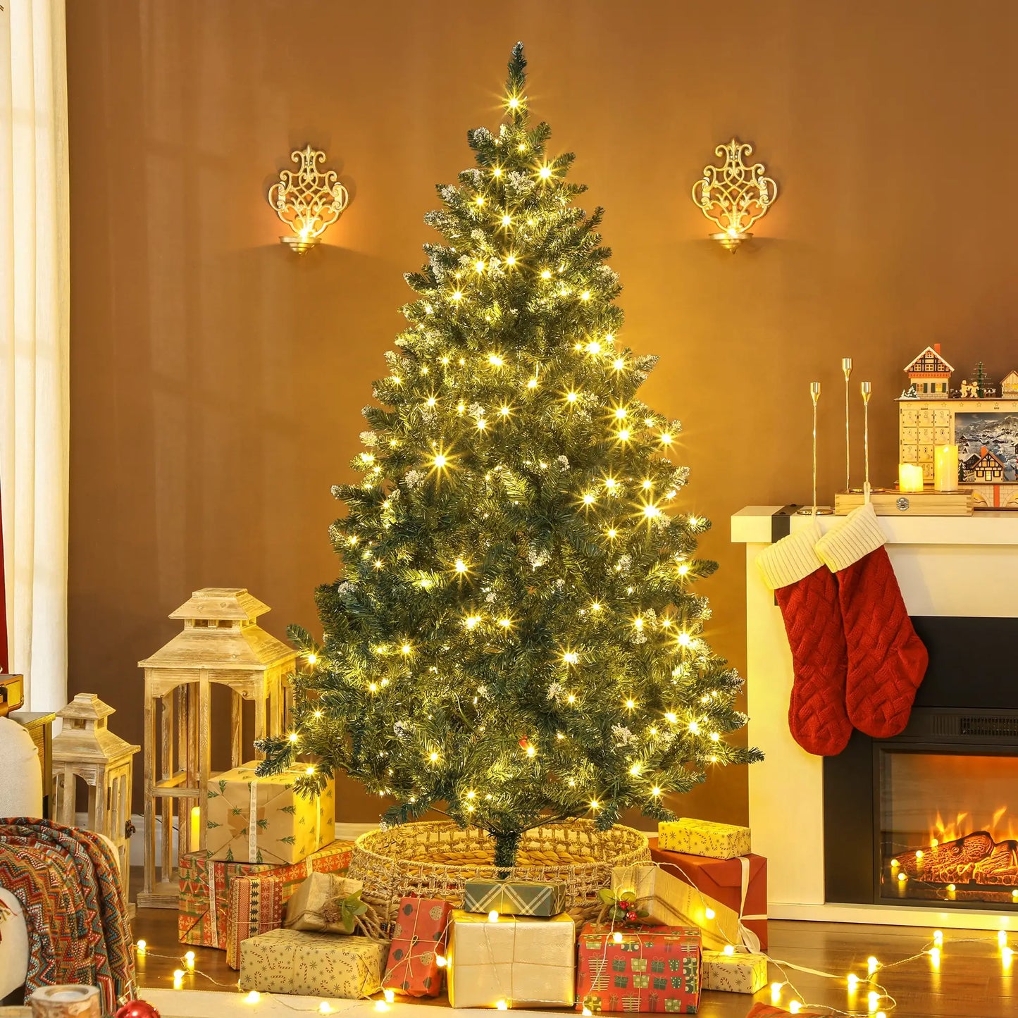 6 ft Frosted Prelit Christmas Tree, Dual Colour LED Light, Hinged, Easy Assembly, Dual Colour Pre Lit Christmas Trees at Gallery Canada