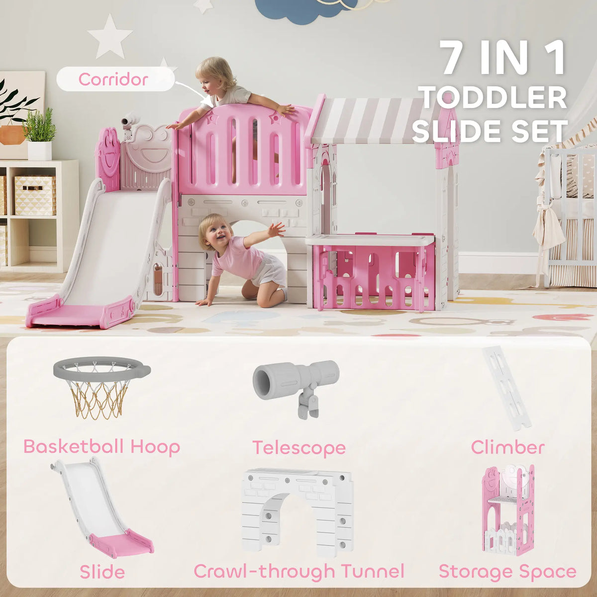 7-in-1 Toddler Slide Climber Playset with Playhouse and Basketball Hoop, Pink Gym Sets & Swings at Gallery Canada