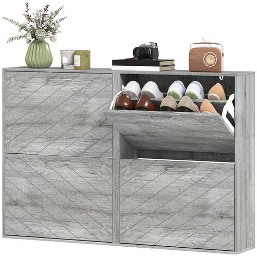 Shoe Storage Cabinet, 4 Flip Drawers, Narrow Slim, 12 Pair Organizer, Grey