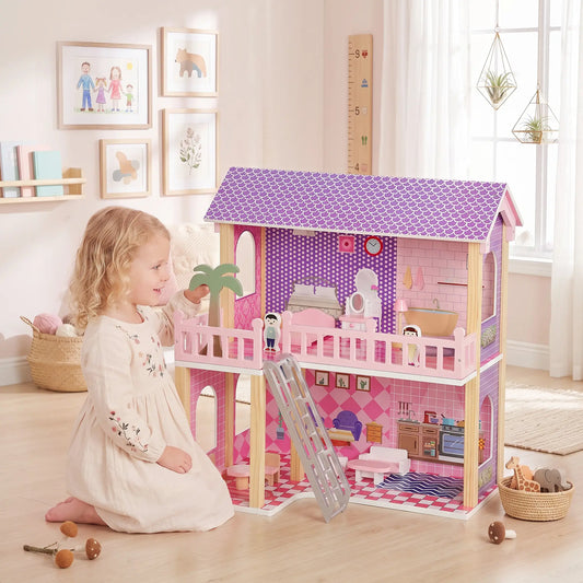 Qaba Wooden Doll House for Girls with 5 Rooms, Dolls, Furniture, DIY Pretend Dollhouse Playset, Gift for Kids Ages 3-6, Pink Play Houses Multi Colour at Gallery Canada