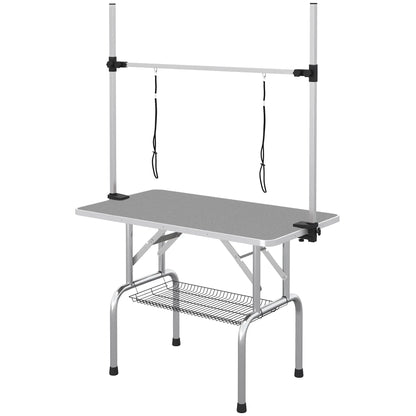 Adjustable Dog Grooming Table, 2 Safety Slings, Storage Basket, Grey Dog Grooming Tables Grey at Gallery Canada