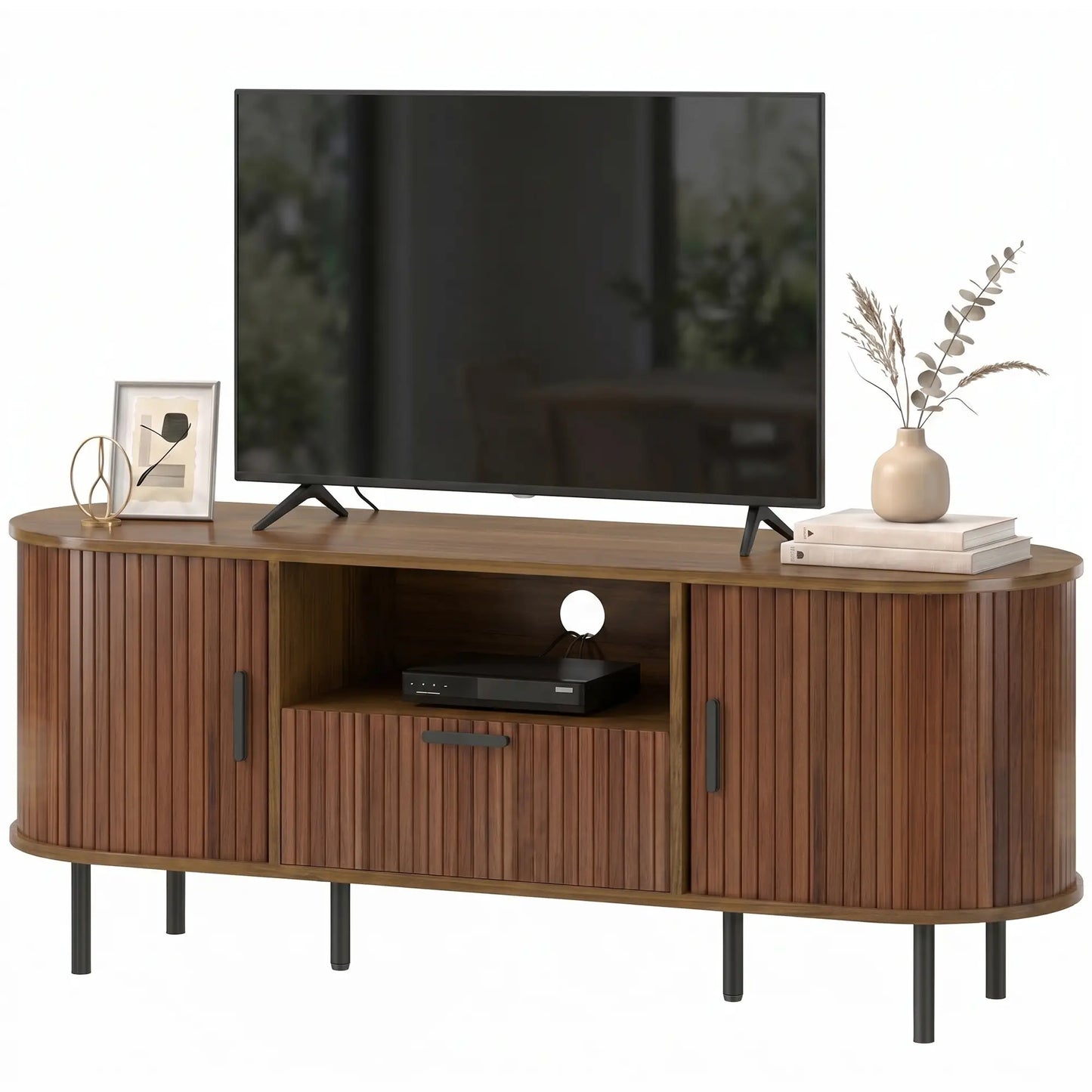 TV Stand for TVs up to 60", Modern Entertainment Center with Curved Sliding Doors and Storage, Brown