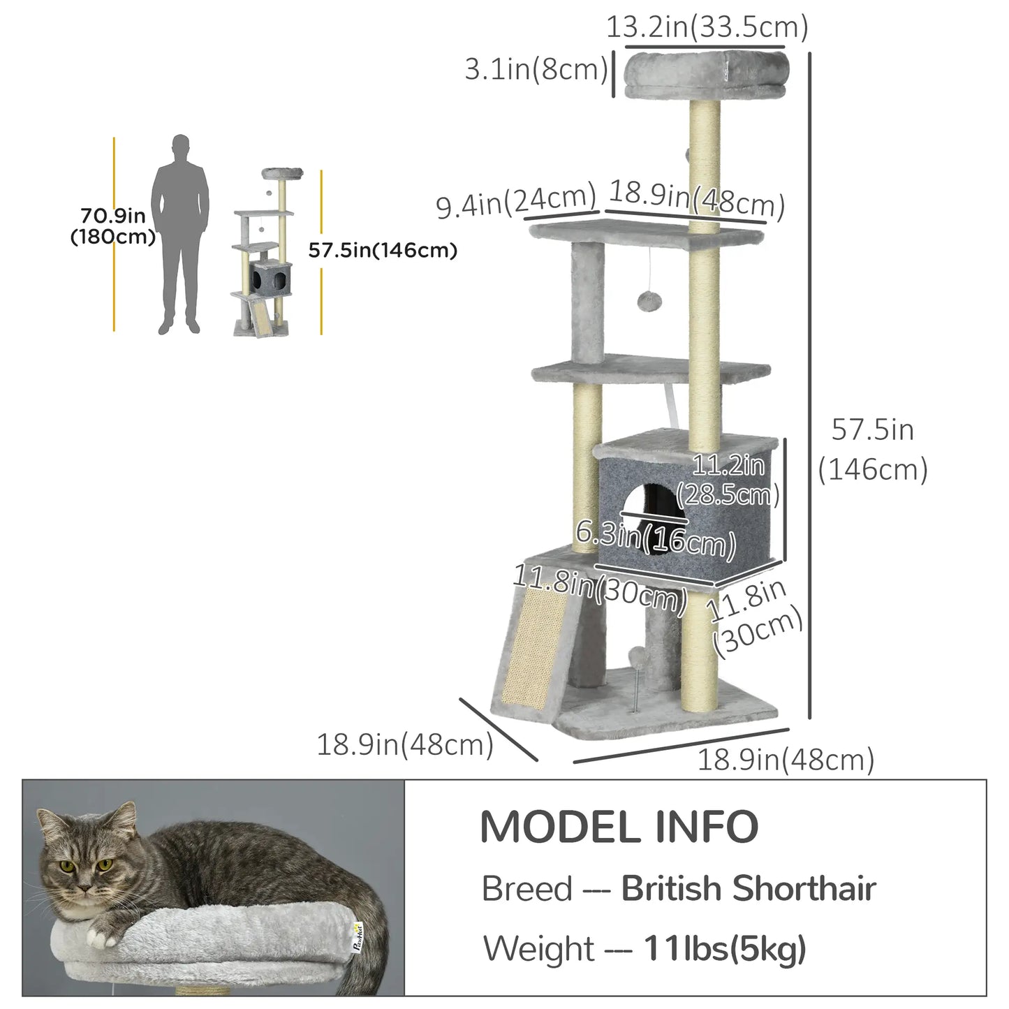 57.5" Cat Tree with Scratching Posts, Large Cat Tower, Bed, House, Toys, Grey Cat Posts at Gallery Canada
