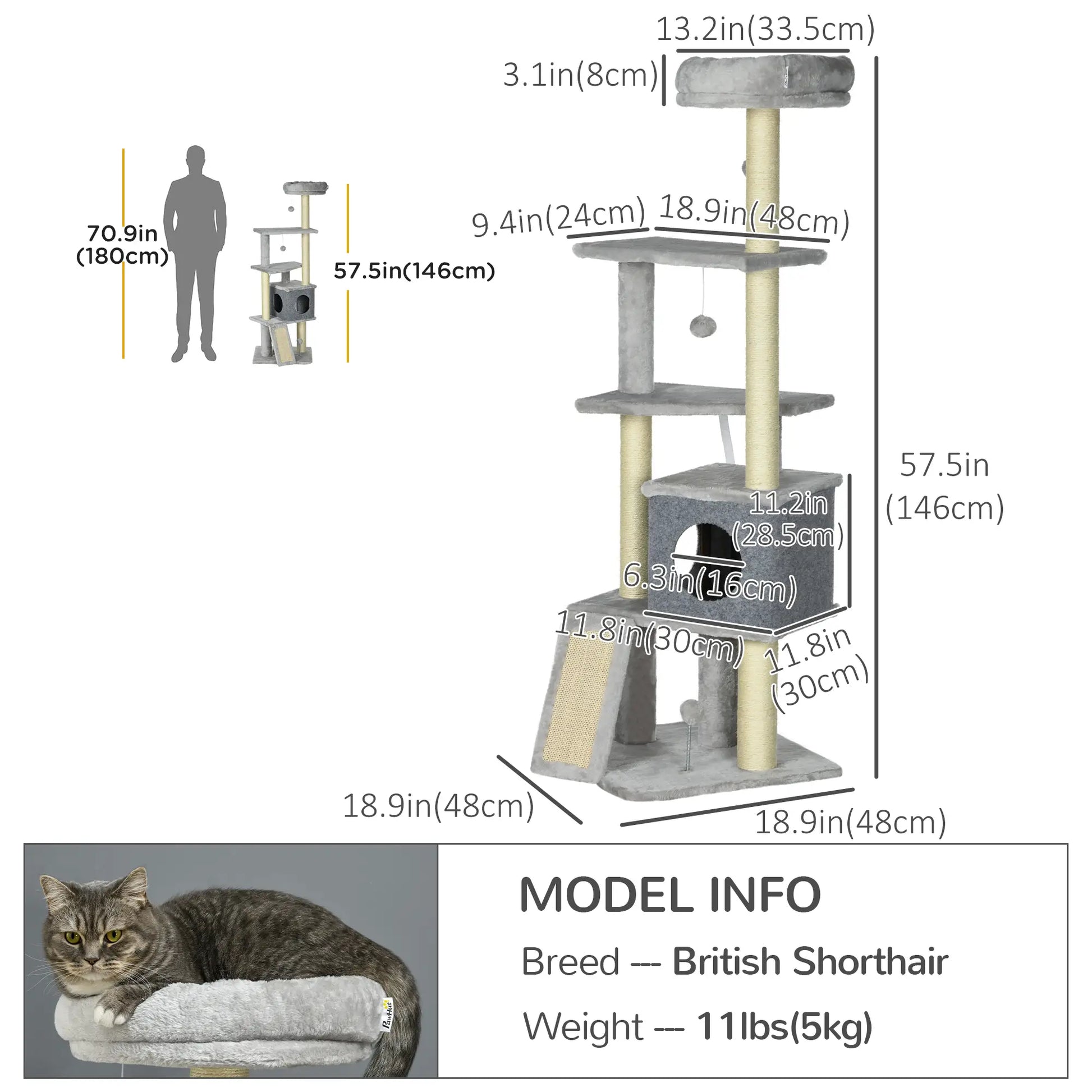 57.5" Cat Tree with Scratching Posts, Large Cat Tower, Bed, House, Toys, Grey Cat Posts at Gallery Canada