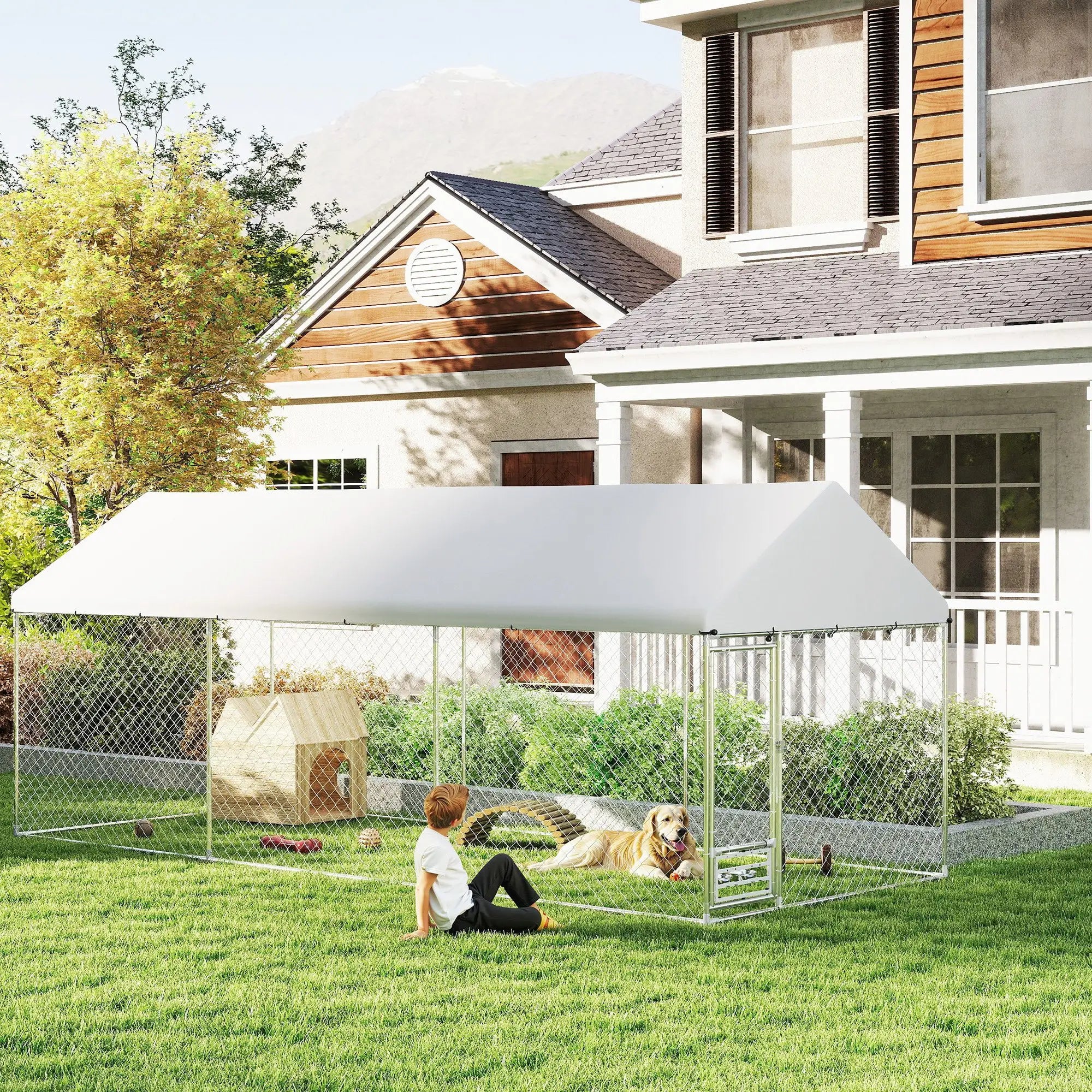 Outdoor Dog Run, Adjustable Bowls, Waterproof Cover, 19.7' x 7.5' x 7.5' Houses, Kennels & Pens at Gallery Canada