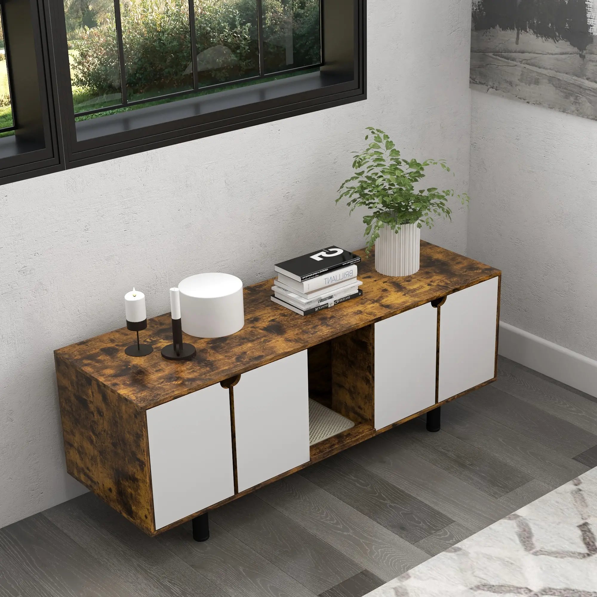 Hidden Cat Litter Box Enclosure, 2 Cabinets, Double Doors, Sand Drain Pad, Rustic Brown Cat Litter Box Enclosures at Gallery Canada