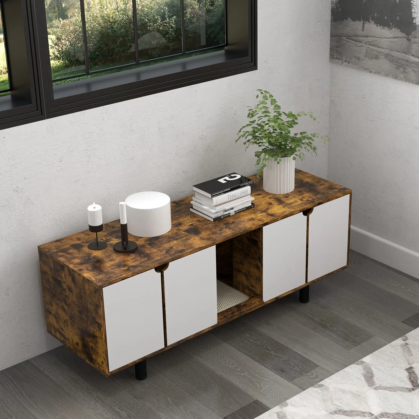 Hidden Cat Litter Box Enclosure, 2 Cabinets, Double Doors, Sand Drain Pad, Rustic Brown Cat Litter Box Enclosures at Gallery Canada