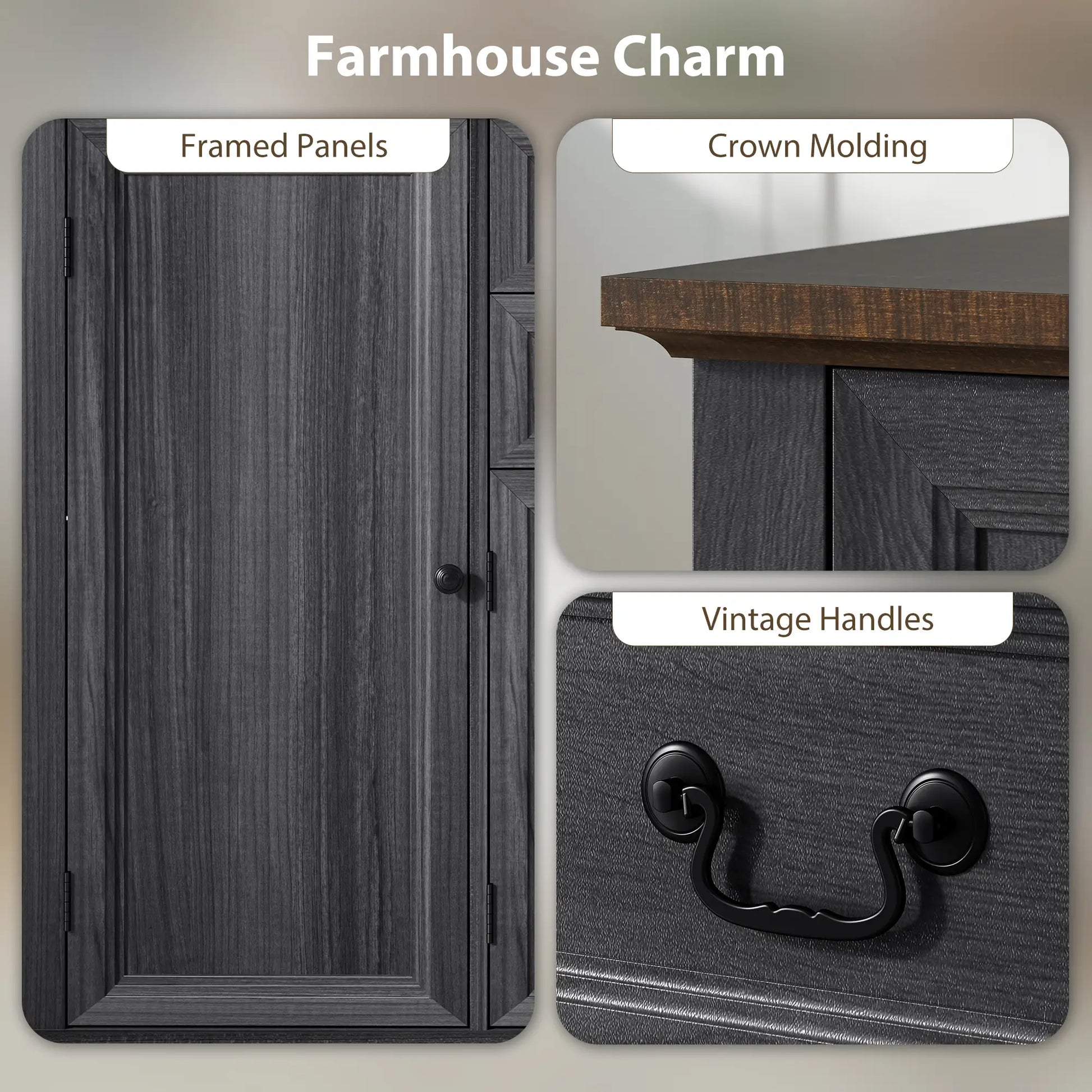 Farmhouse Sideboard with Charging Station, 58 Inch Buffet Cabinet, 2 Soft Close Drawers, Black Storage Cabinets at Gallery Canada