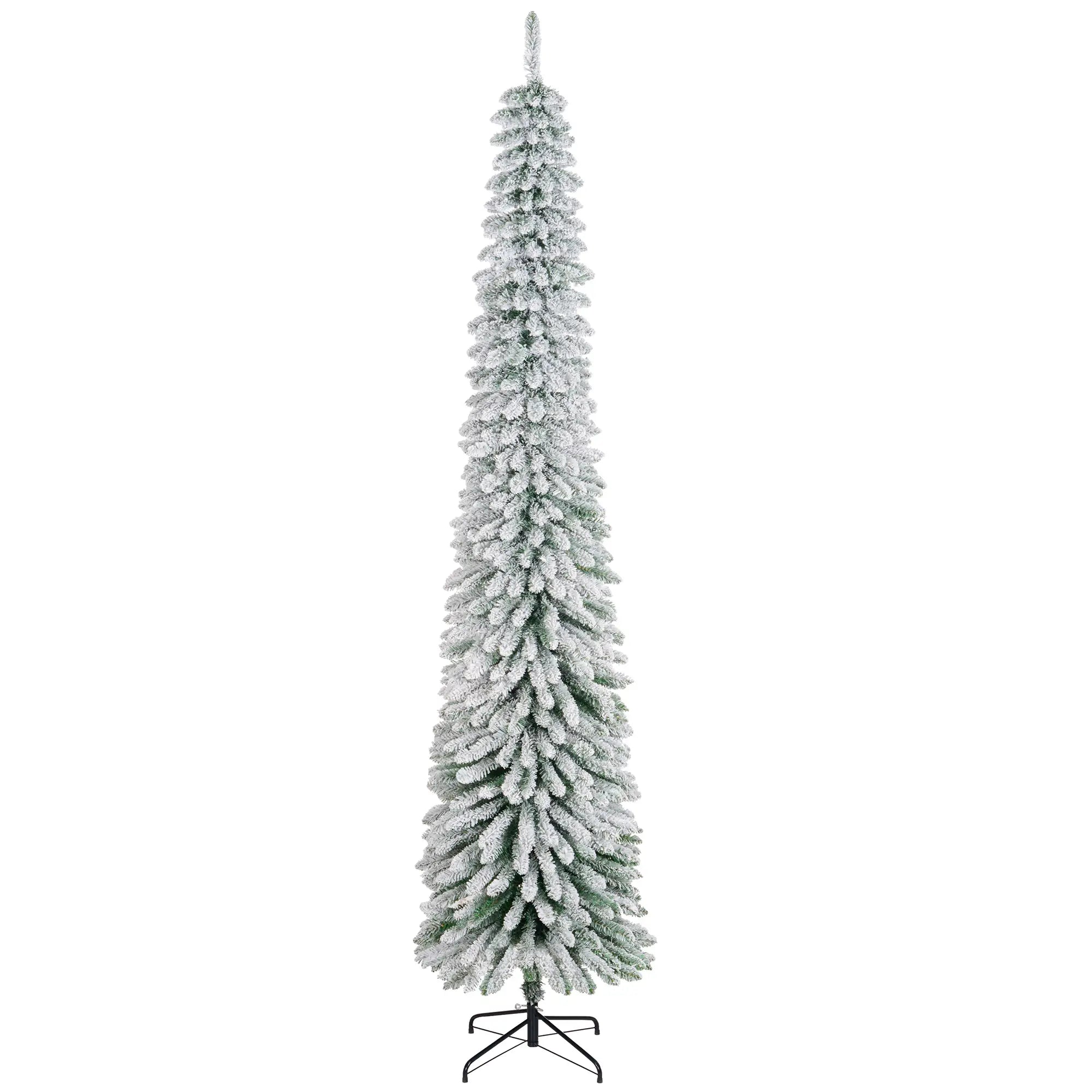 9ft Snow-Flocked Artificial Christmas Tree, Slim Pencil, Metal Base, Green Flocked Christmas Trees Green at Gallery Canada