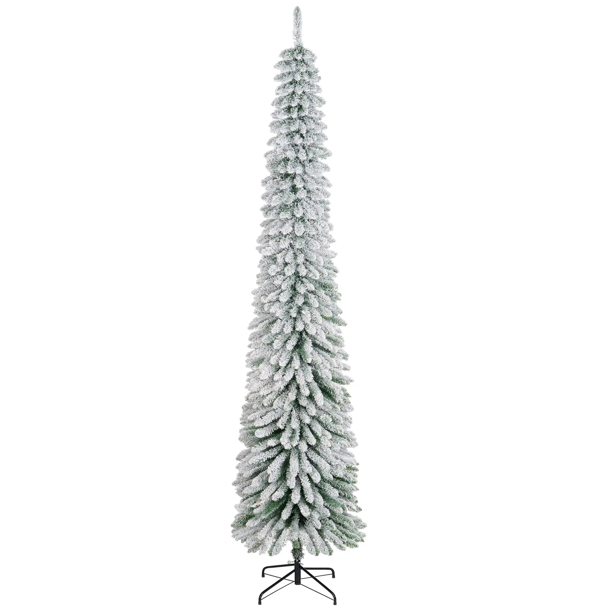 9ft Snow-Flocked Artificial Christmas Tree, Slim Pencil, Metal Base, Green Flocked Christmas Trees Green at Gallery Canada