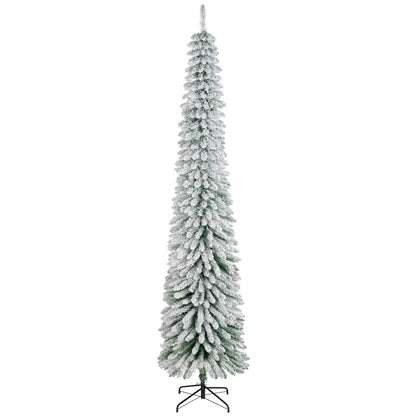 9ft Snow-Flocked Artificial Christmas Tree, Slim Pencil, Metal Base, Green Flocked Christmas Trees Green at Gallery Canada