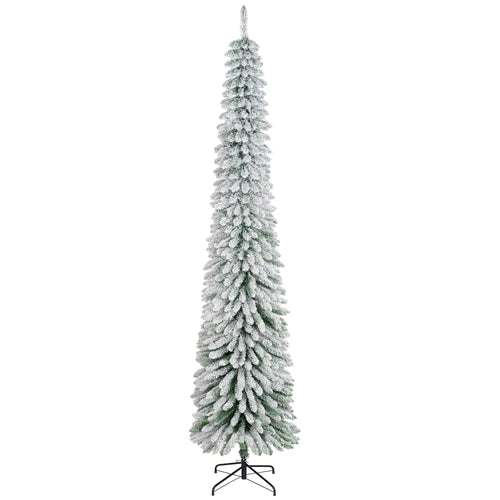9ft Snow-Flocked Artificial Christmas Tree, Slim Pencil, Metal Base, Green