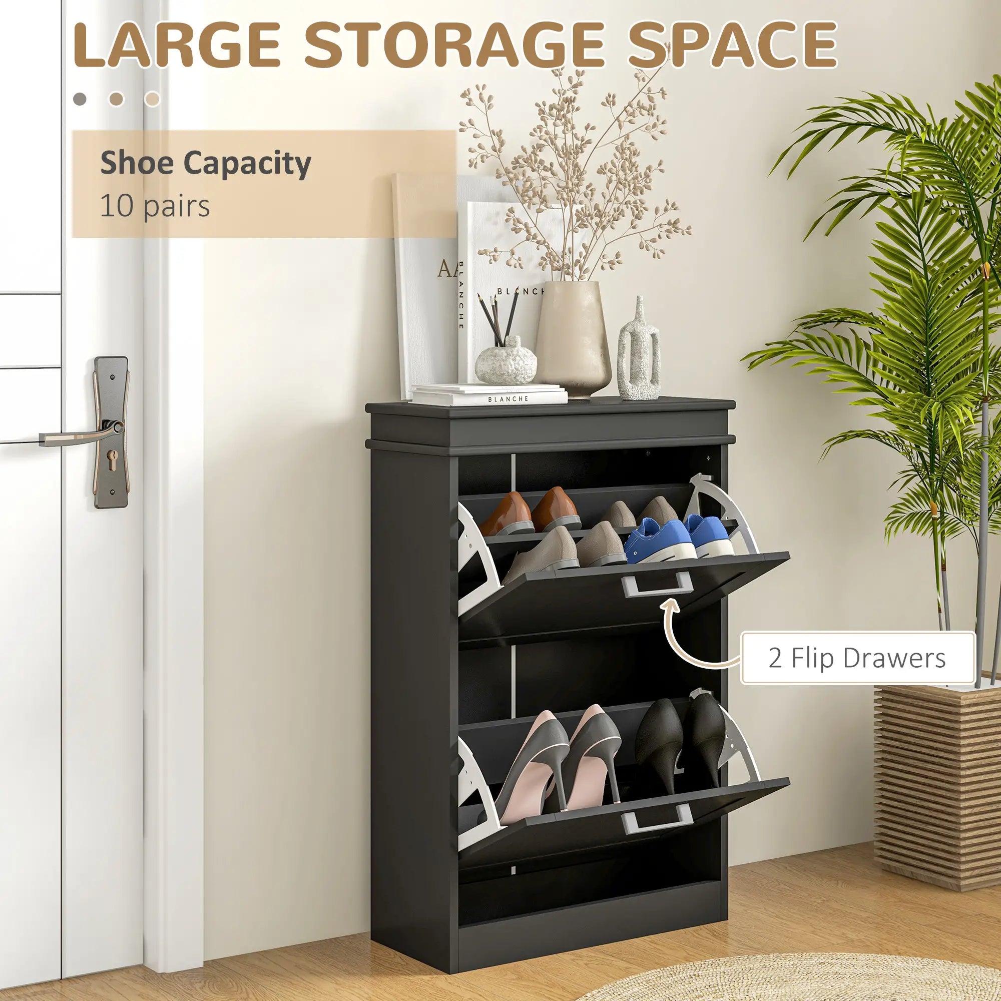 Shoe Storage Cabinet, 2 Flip Drawers, Adjustable Shelves, 10 Pairs, Black Shoe Storage Cabinets & Racks at Gallery Canada