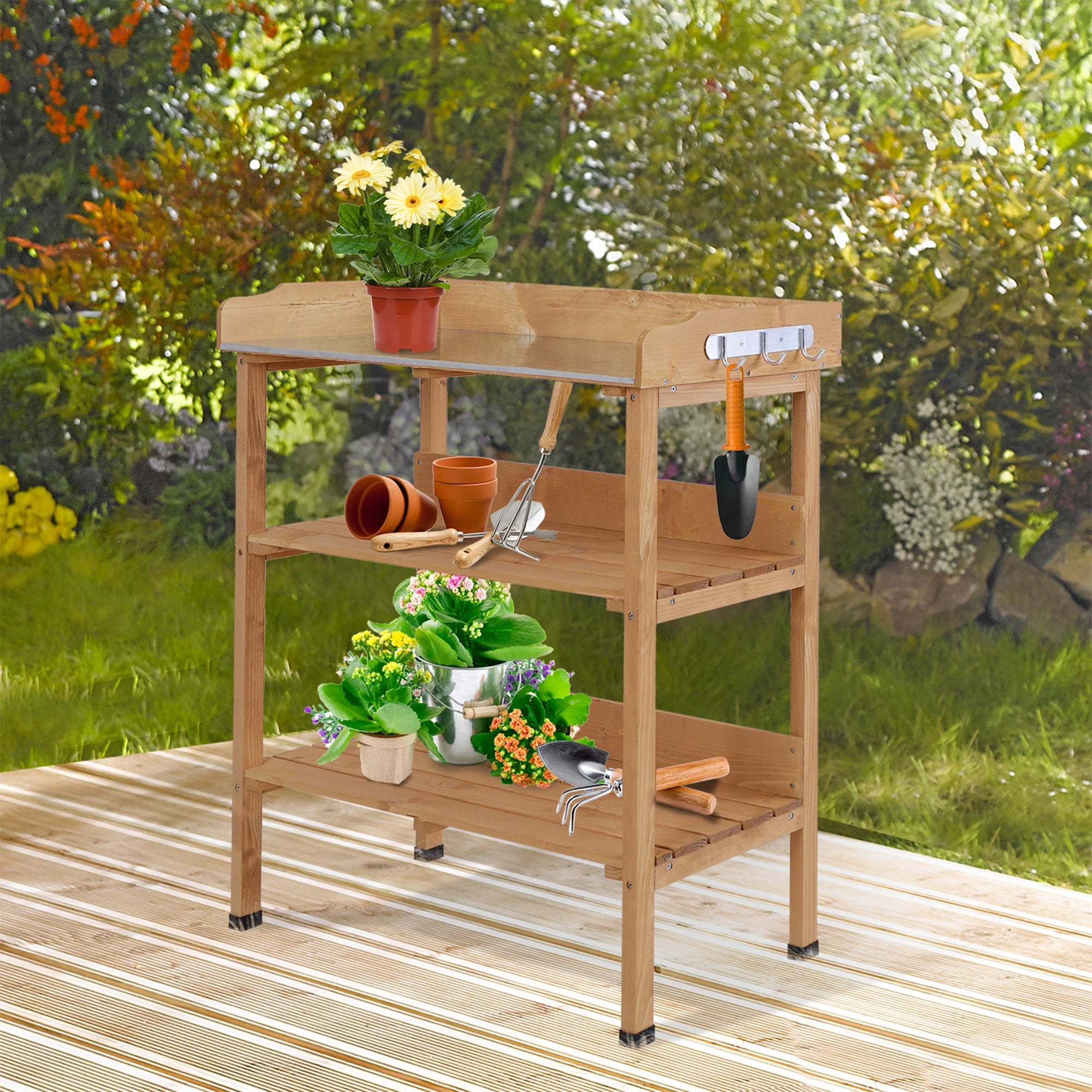 Wooden Potting Bench, Outdoor Garden Work Table, Tool Storage Shelf w/ Hooks, Natural Potting Benches & Tables at Gallery Canada