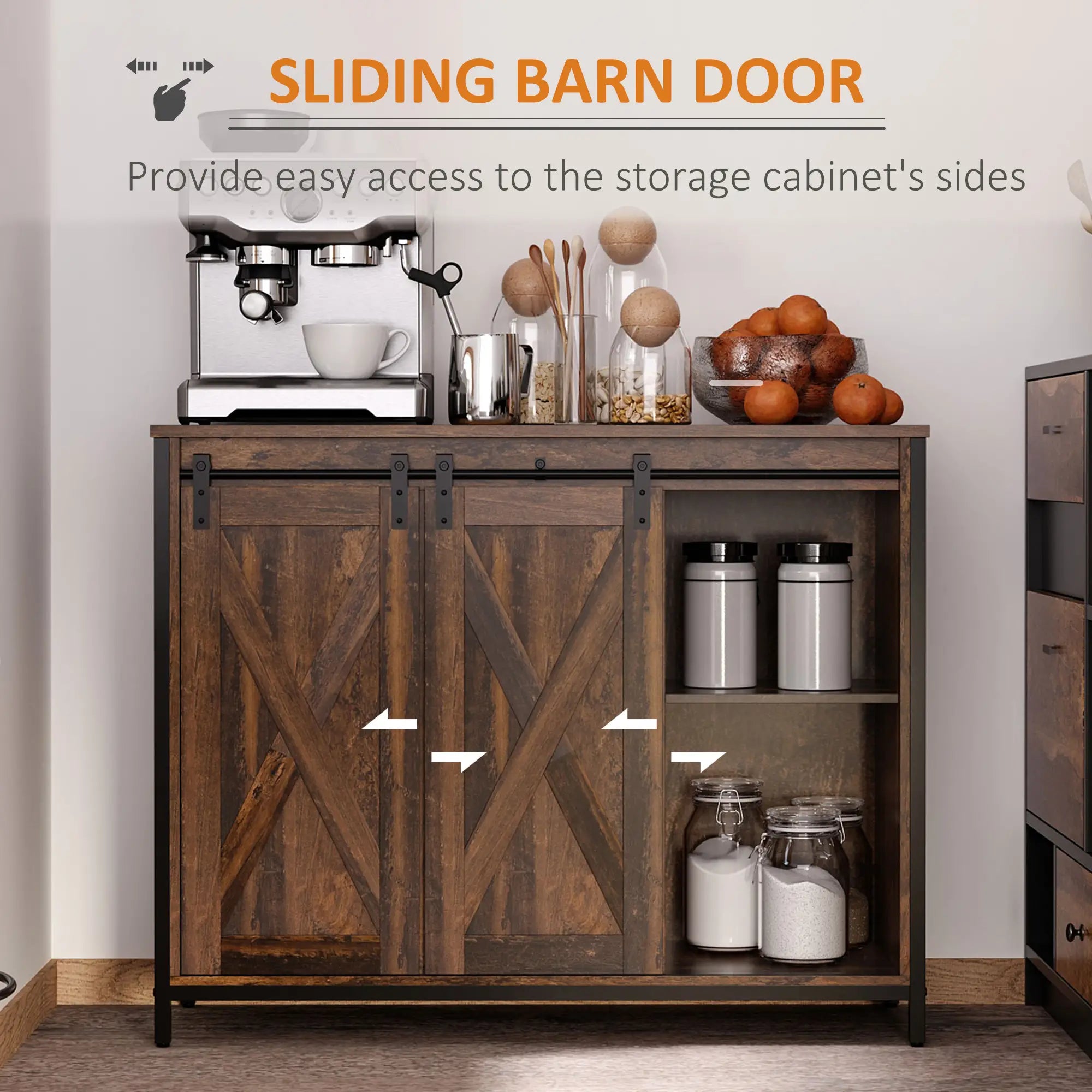 Industrial Buffet Cabinet, Kitchen Sideboard, Sliding Barn Doors, 3 Drawers, Adjustable Shelves, Rustic Brown, Brown Bar Cabinets at Gallery Canada