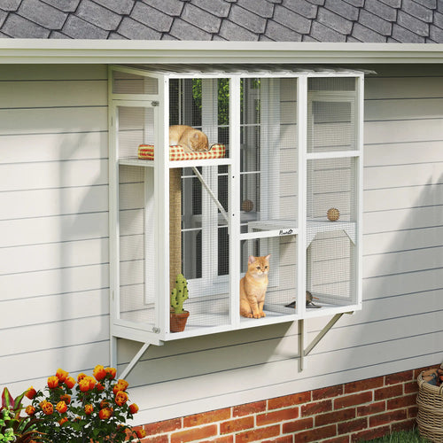 Wooden Catio Outdoor, Cat Window Box Enclosure, White