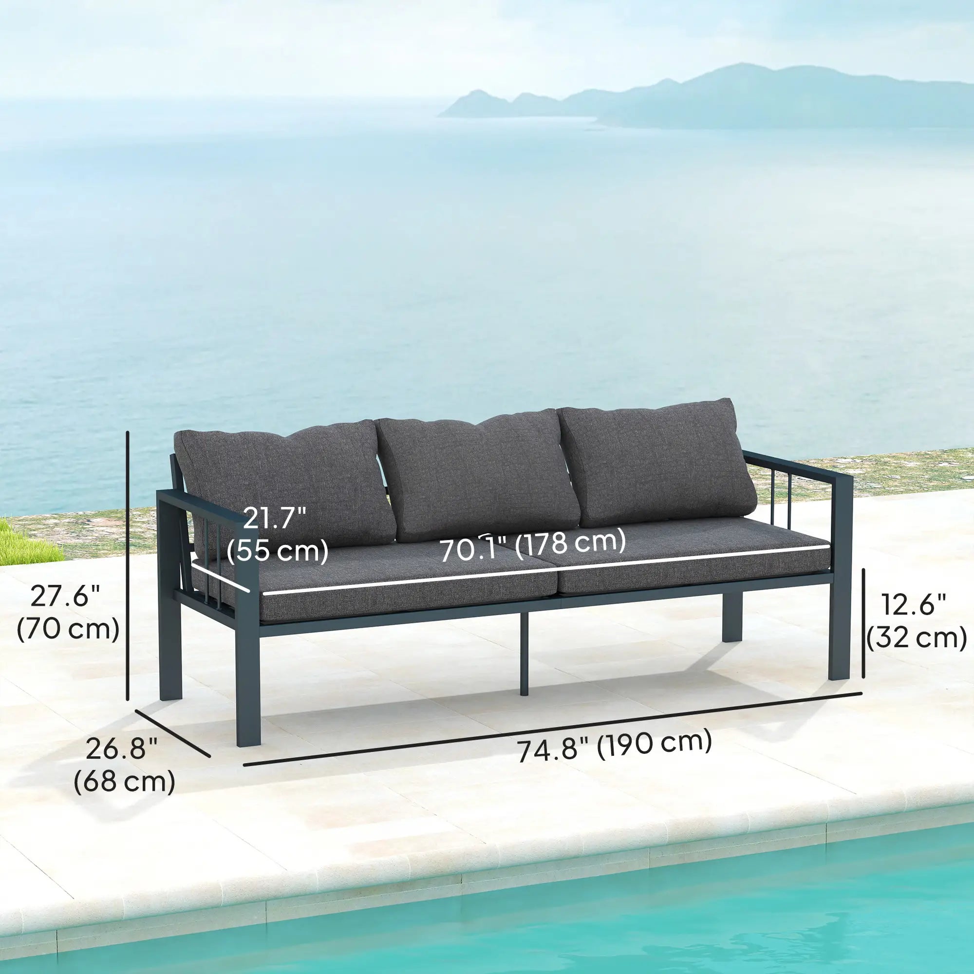3-Seat Aluminum Outdoor Couch with Cushions, Wide Seat, Dark Grey Patio Chairs at Gallery Canada
