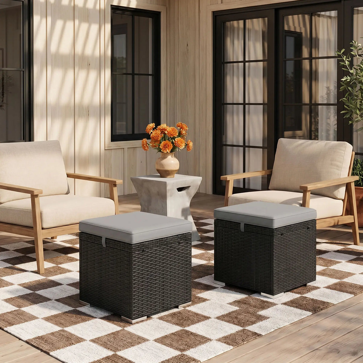 2 Wicker Outdoor Ottomans with Storage, Removable Cushion, Grey