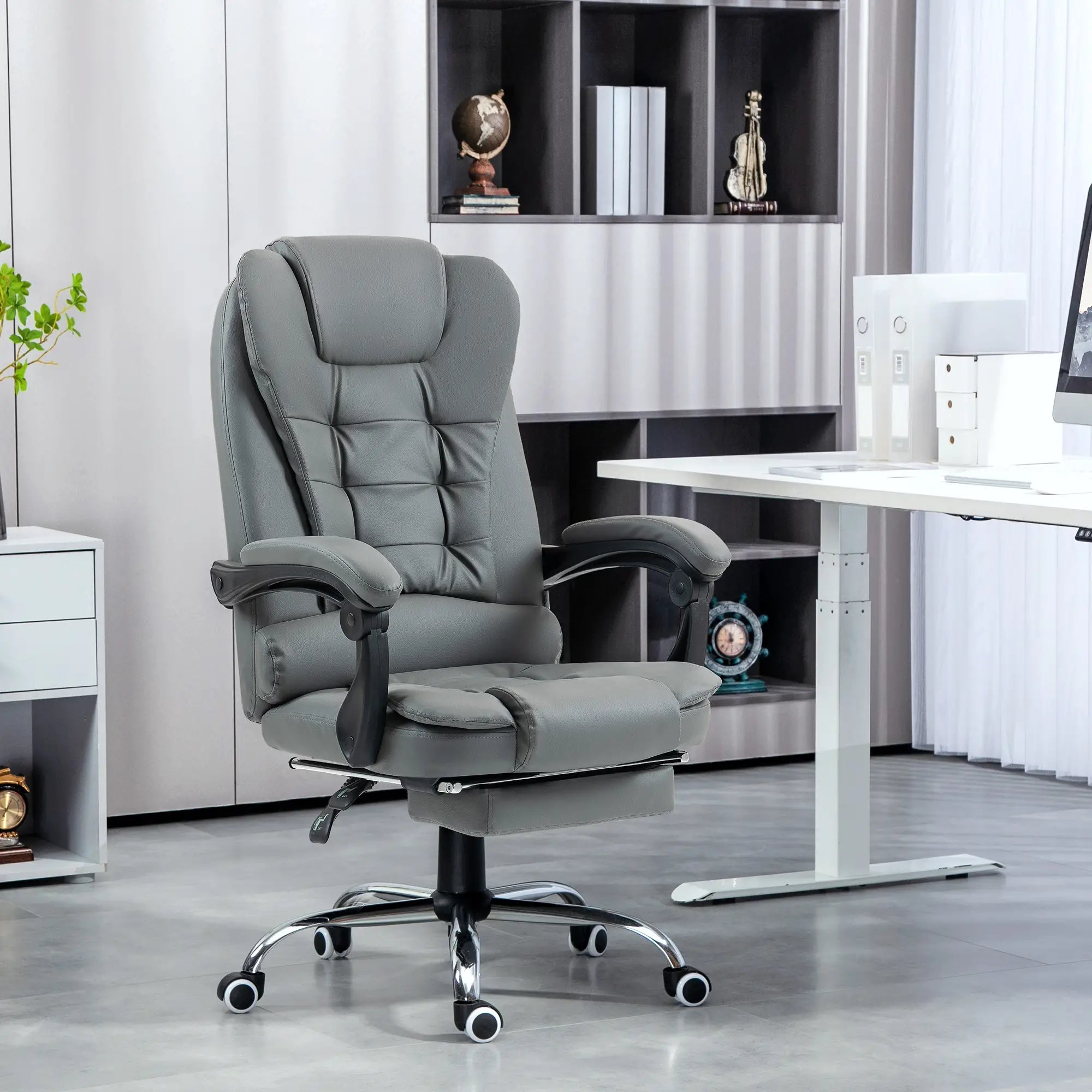 High Back PU Leather Office Chair, Retractable Footrest, Padded Armrest, Grey Executive & Manager Chairs at Gallery Canada
