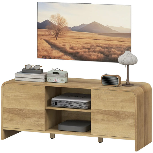 TV Stand For 55 Inch TV, Natural Wood Entertainment Center With 2 Cabinets
