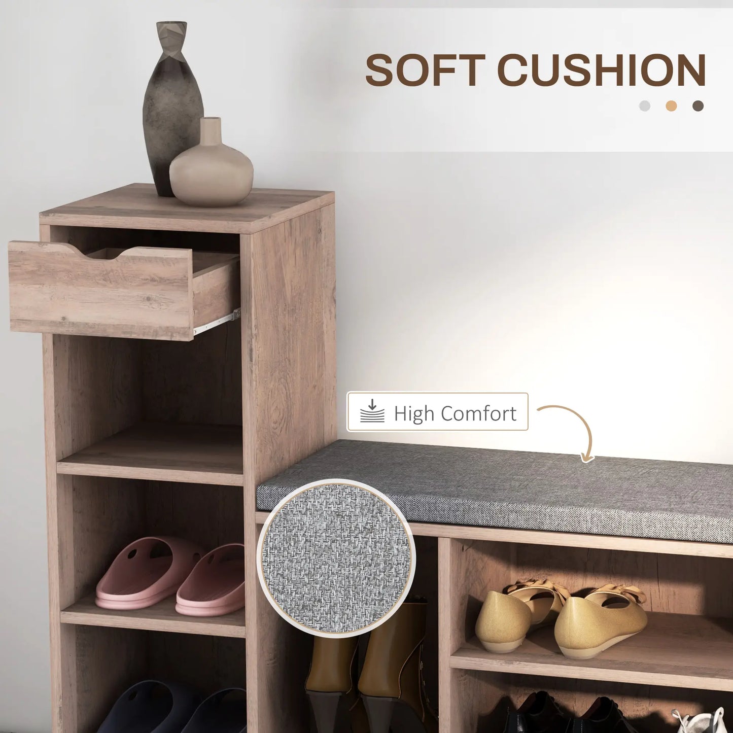 Upholstered Shoe Storage Bench With Seat, Drawer, 6 Shelves, Grey Shoe Storage Cabinets & Racks at Gallery Canada