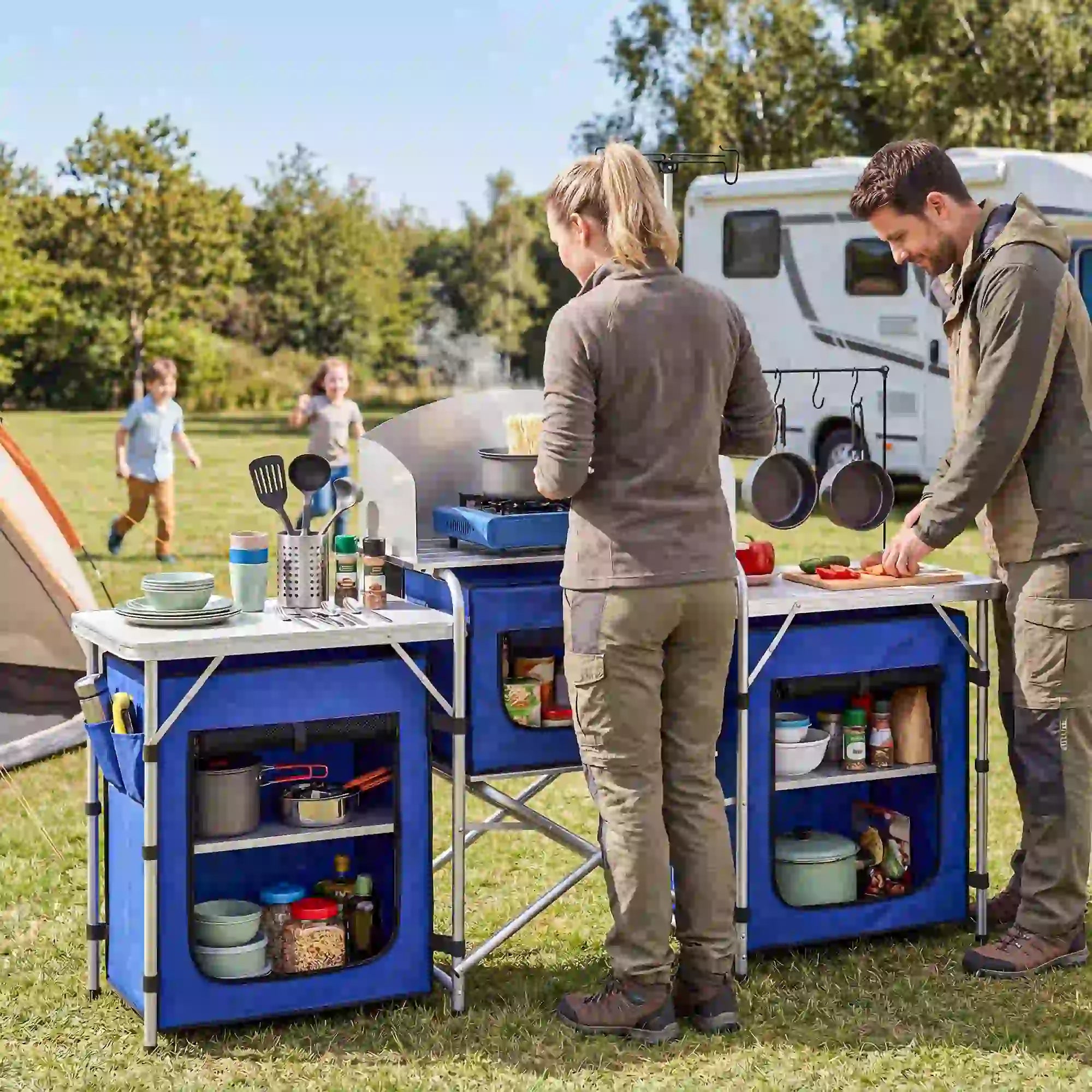 Portable Aluminum Camping Table, Fabric Cupboards, Windshield, Blue Picnic Tables & Camping Chairs at Gallery Canada