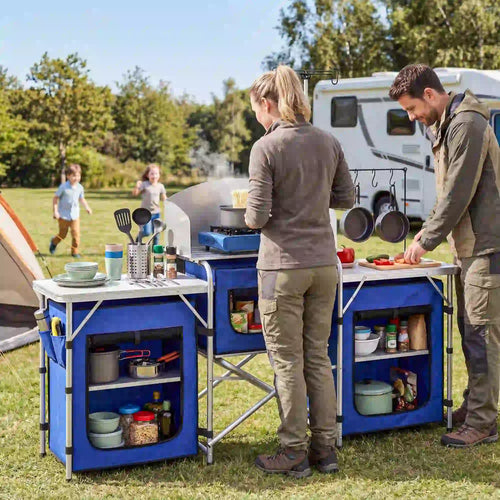 Portable Aluminum Camping Table, Fabric Cupboards, Windshield, Blue