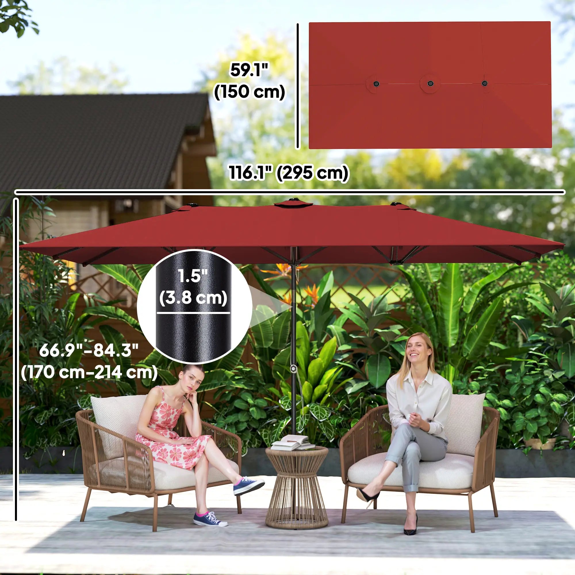 Double-Sided Patio Umbrella with Tilt, Adjustable Height, 12 Ribs, Wine Red Sun Umbrellas at Gallery Canada