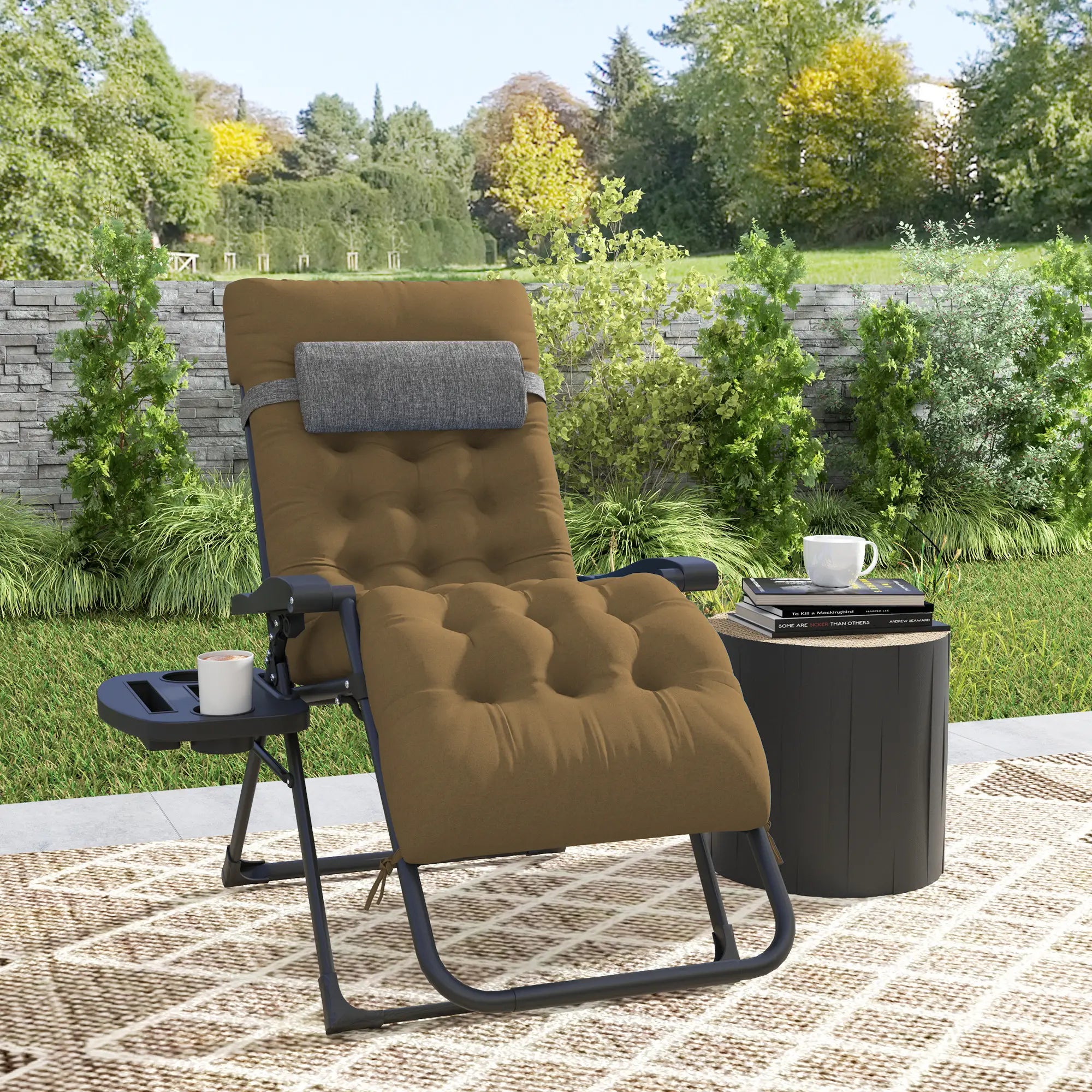 Padded Folding Recliner Chair, Adjustable Backrest, Removable Cushion, Light Khaki Lounger Chairs at Gallery Canada