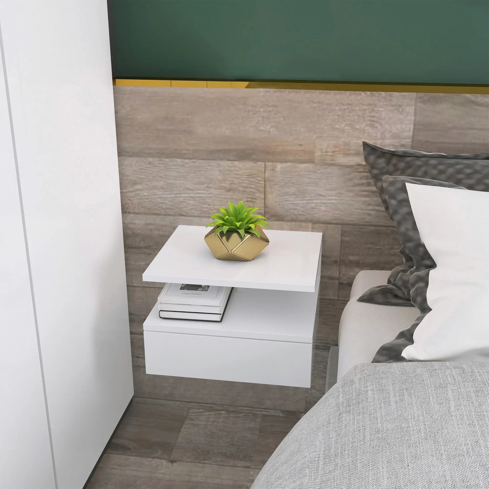 Floating Bedside Tables, Set of 2, Drawer and Open Shelf, White Bedside Tables at Gallery Canada